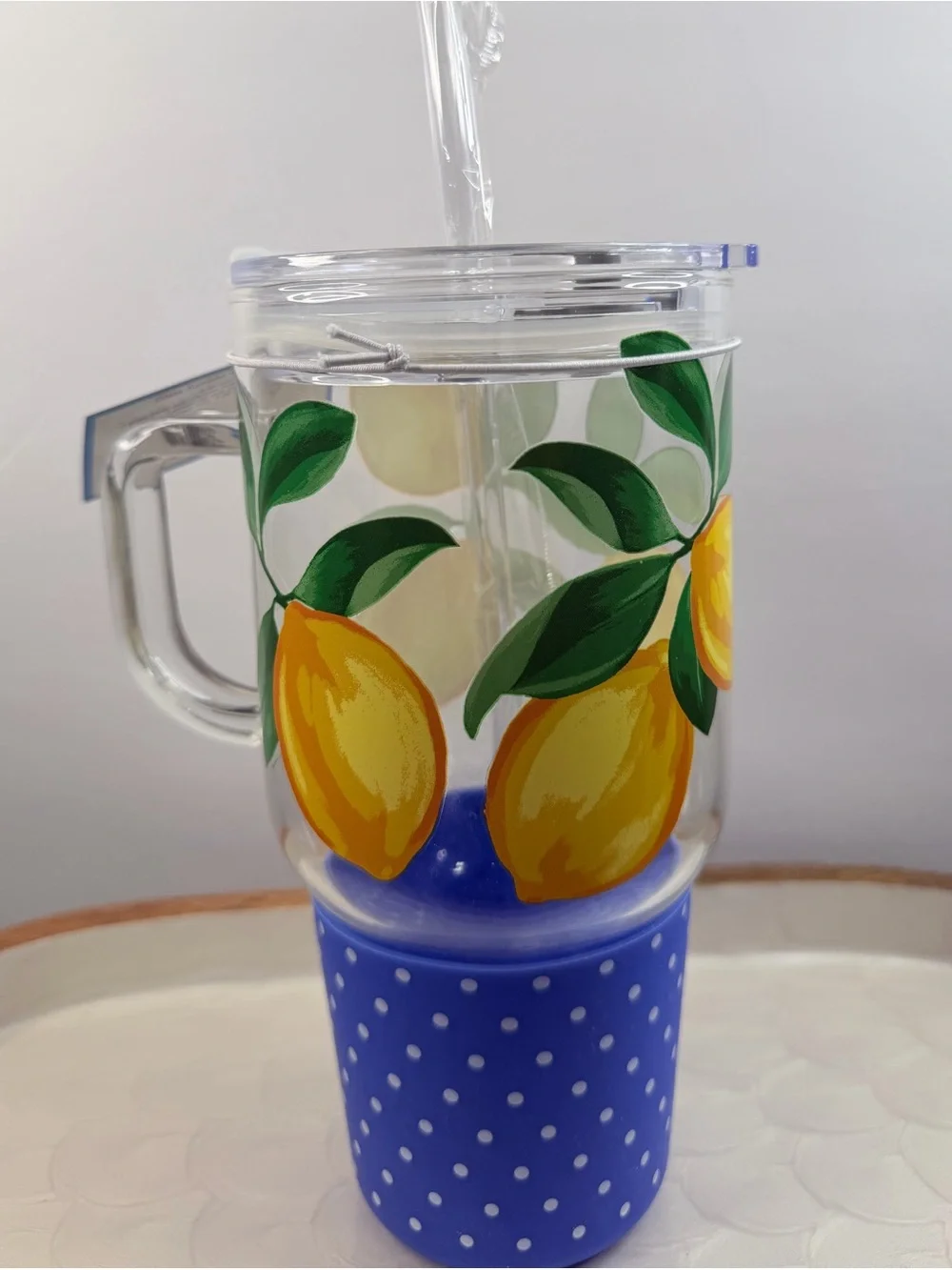 Draper James Glass Tumbler Straw For Hot & Cold Yellow Lemon Blue Polka Dot 39oz